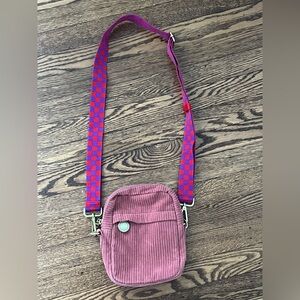 Rowing Blazers Corduroy Crossbody Bag with Pink Body and Checkerboard Strap